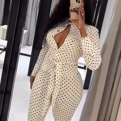 Damen Zweiteiler mit Polka Dots Crop-Top und Hose Freizeitoutfit