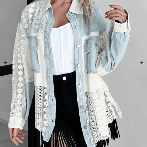 Spitzen-Patchwork-Jeansjacke mit Knöpfen, Oversize
