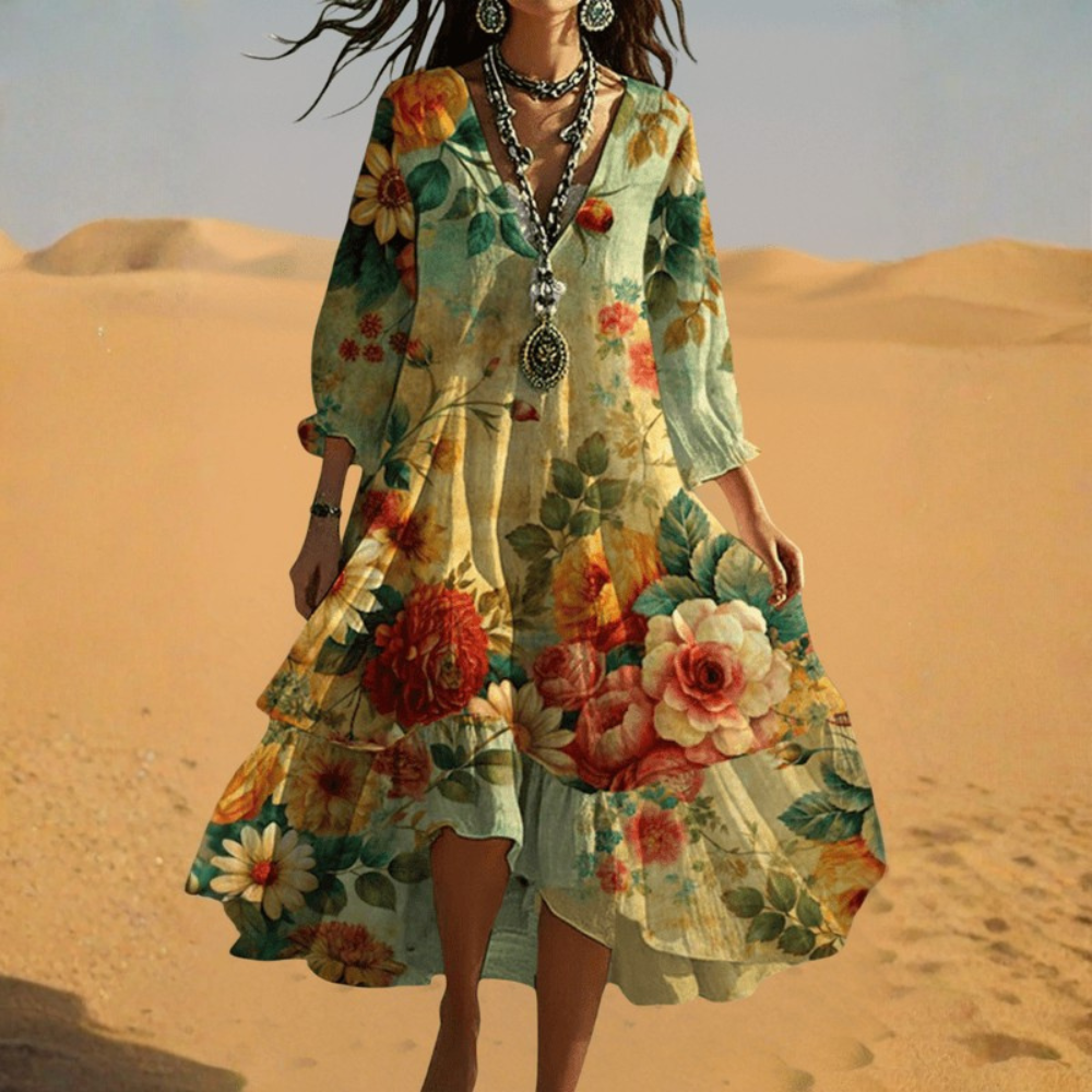 Women Vintage Boho Maxi Dress V Neck Flowy Summer Casual Outfit