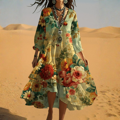 Damen Vintage Boho Maxikleid mit V-Ausschnitt, fließend, sommerlich, lässiges Outfit