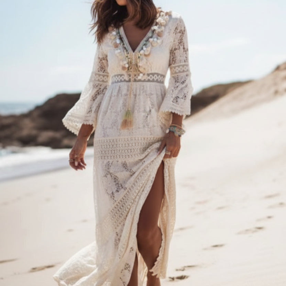 Women Boho V Neck Maxi Dress Flowy Summer Beach Casual Outfit