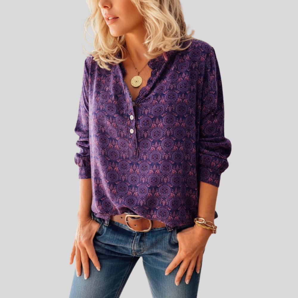 Women Artistic Long Sleeve Blouse Vintage Print Casual Work Top