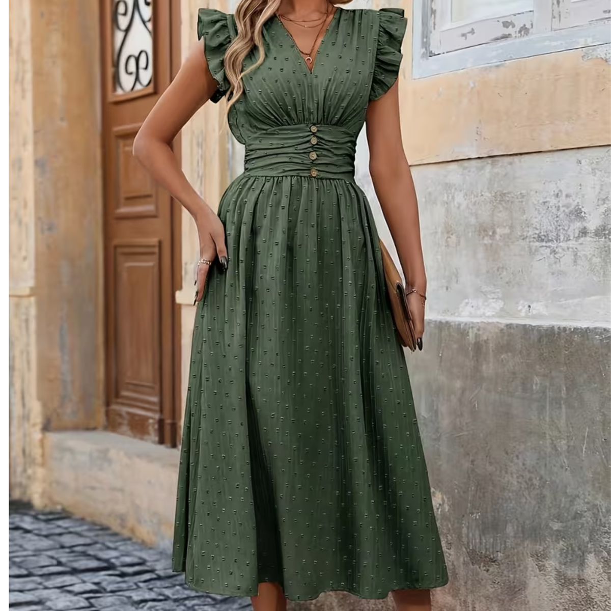Midi-Kleid mit V-Ausschnitt und Rüschensaum