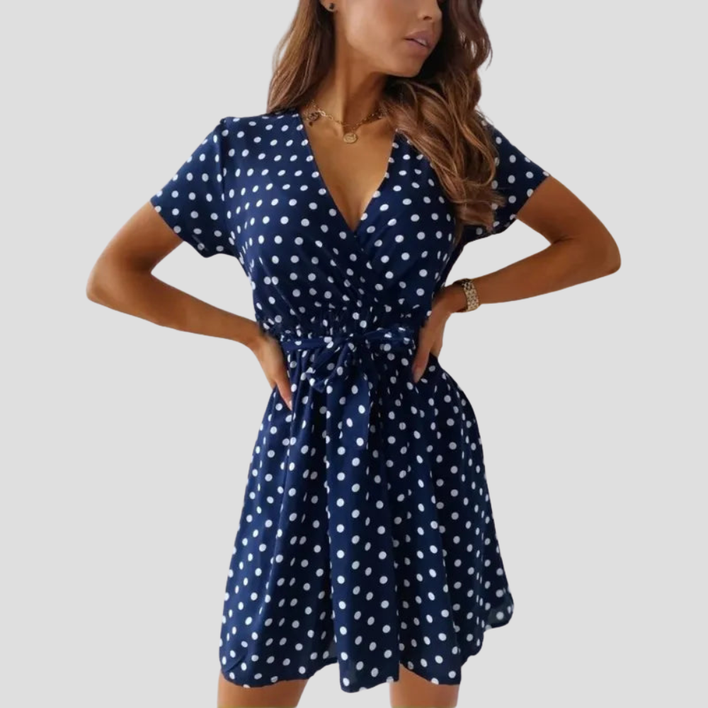 Women Polka Dot V Neck Dress Belted Casual Summer