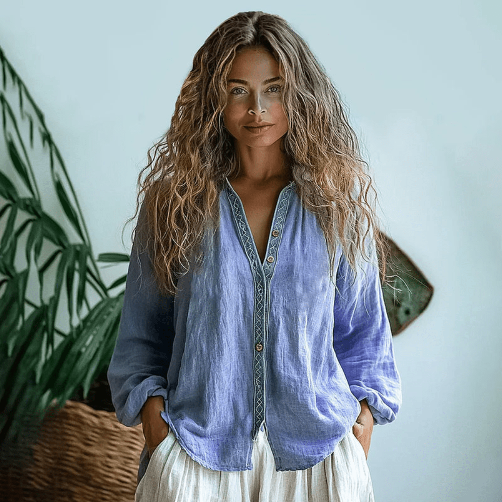Women's Boho Long Sleeve V Neck Casual Top