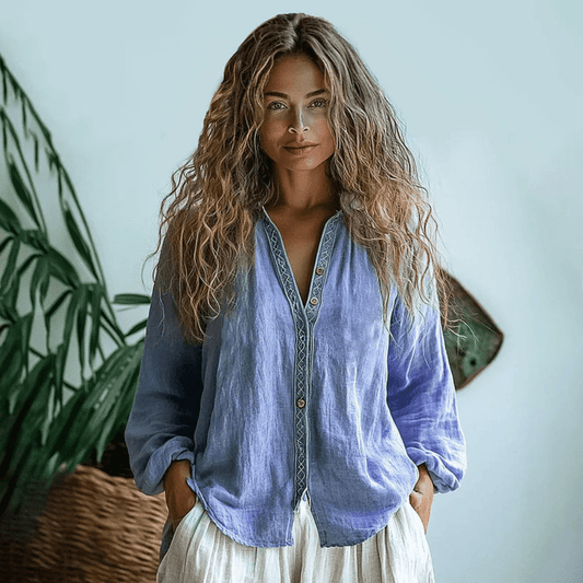 Women Boho Linen Shirt Long Sleeve V Neck Casual Top