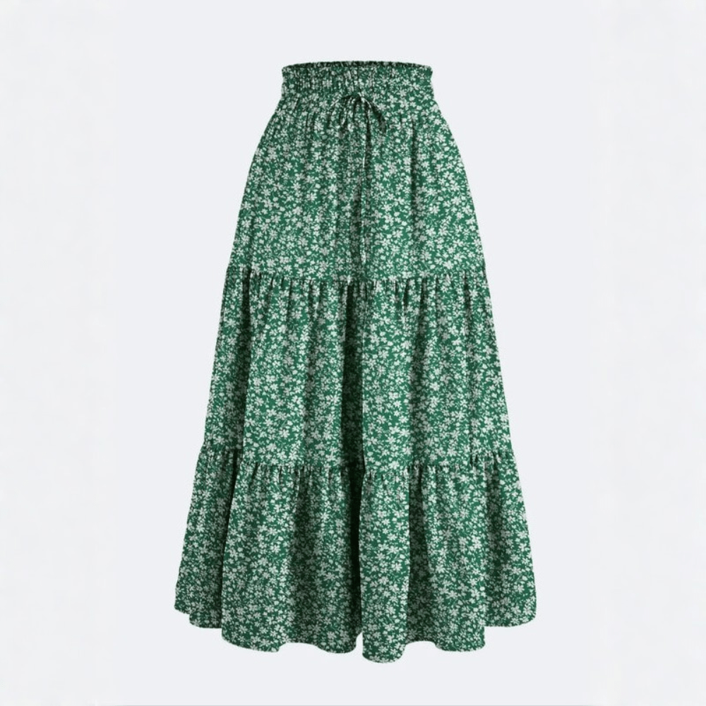 Women Summer Floral A Line Midi Skirt With Elastic Waist
