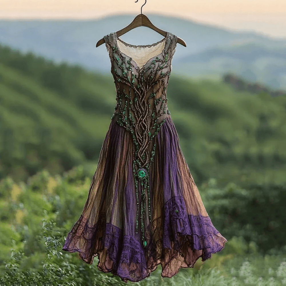 Vintage Boho Embroidered Midi Dress With Flowing Silhouette