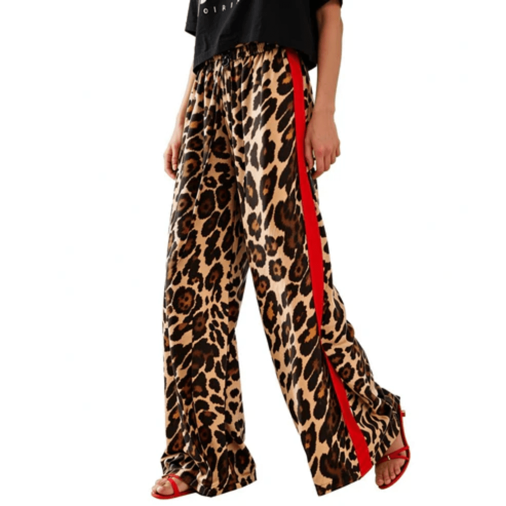 Leopard Print Side Stripe Wide Leg Pants
