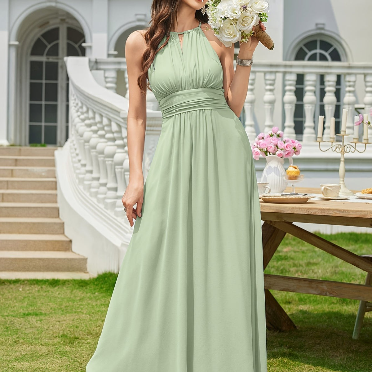 Maxikleid für Brautjungfern aus gerafftem Chiffon mit Neckholder