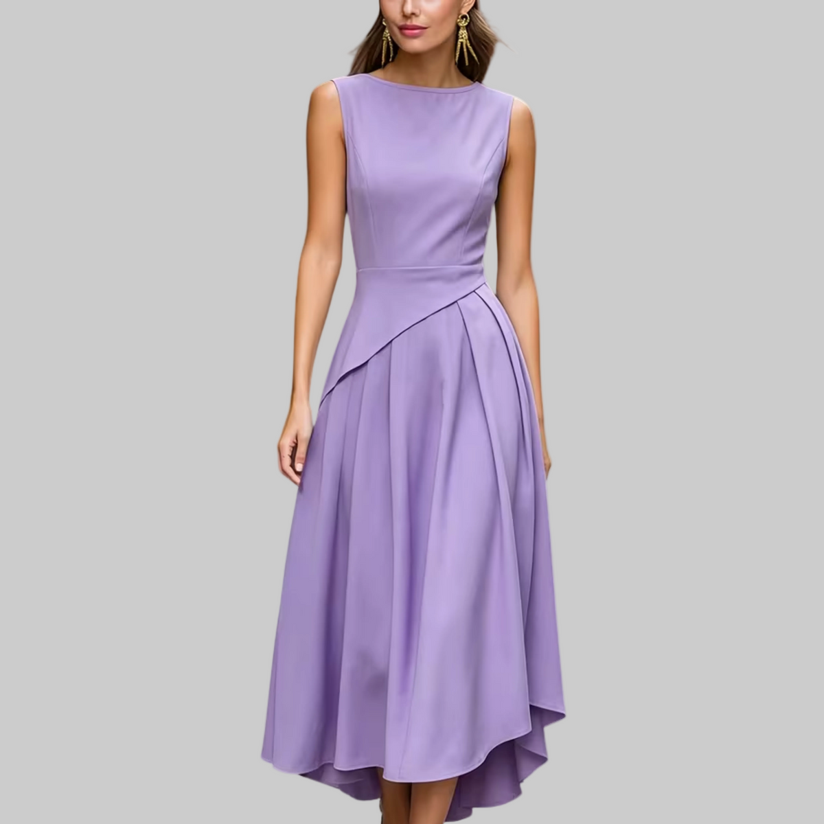 Ärmelloses, asymmetrisches, plissiertes Midi-Kleid