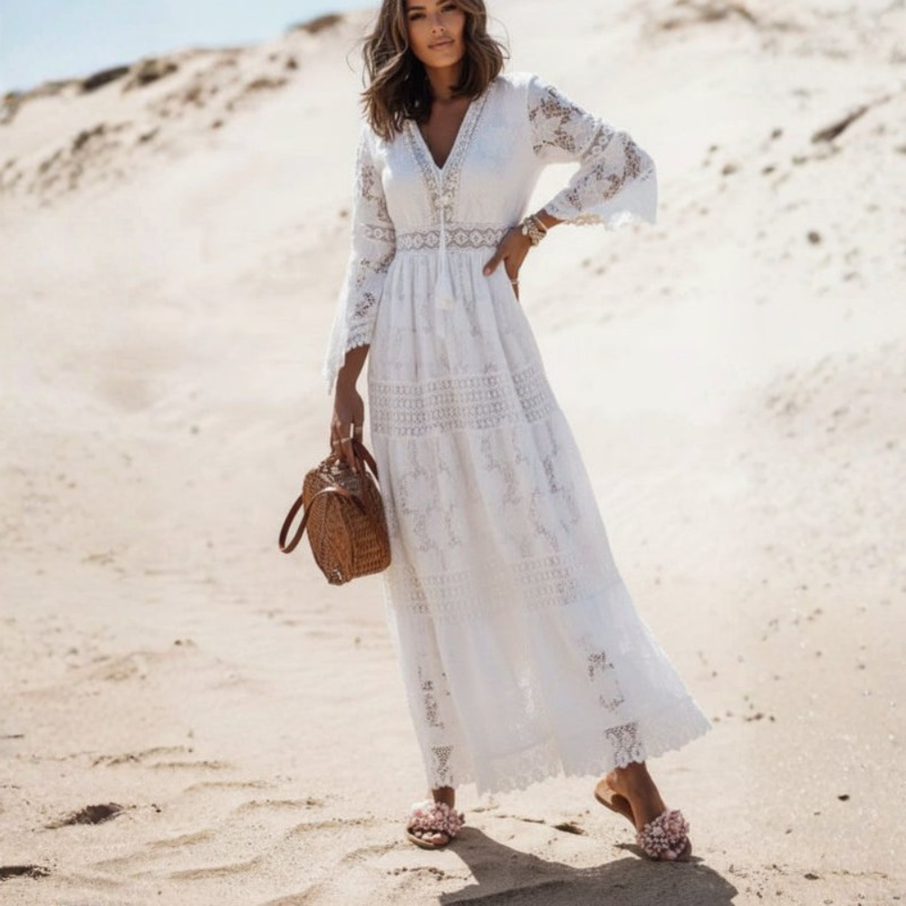 Women Boho V Neck Maxi Dress Flowy Summer Beach Casual Outfit