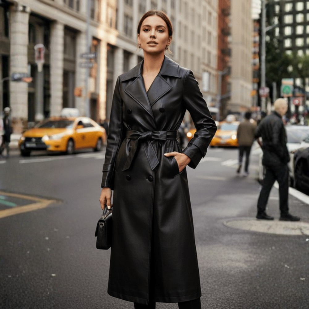 Gabardina de Cuero de Piel de Oveja para Mujer con Cinturón Chaqueta Larga Elegante