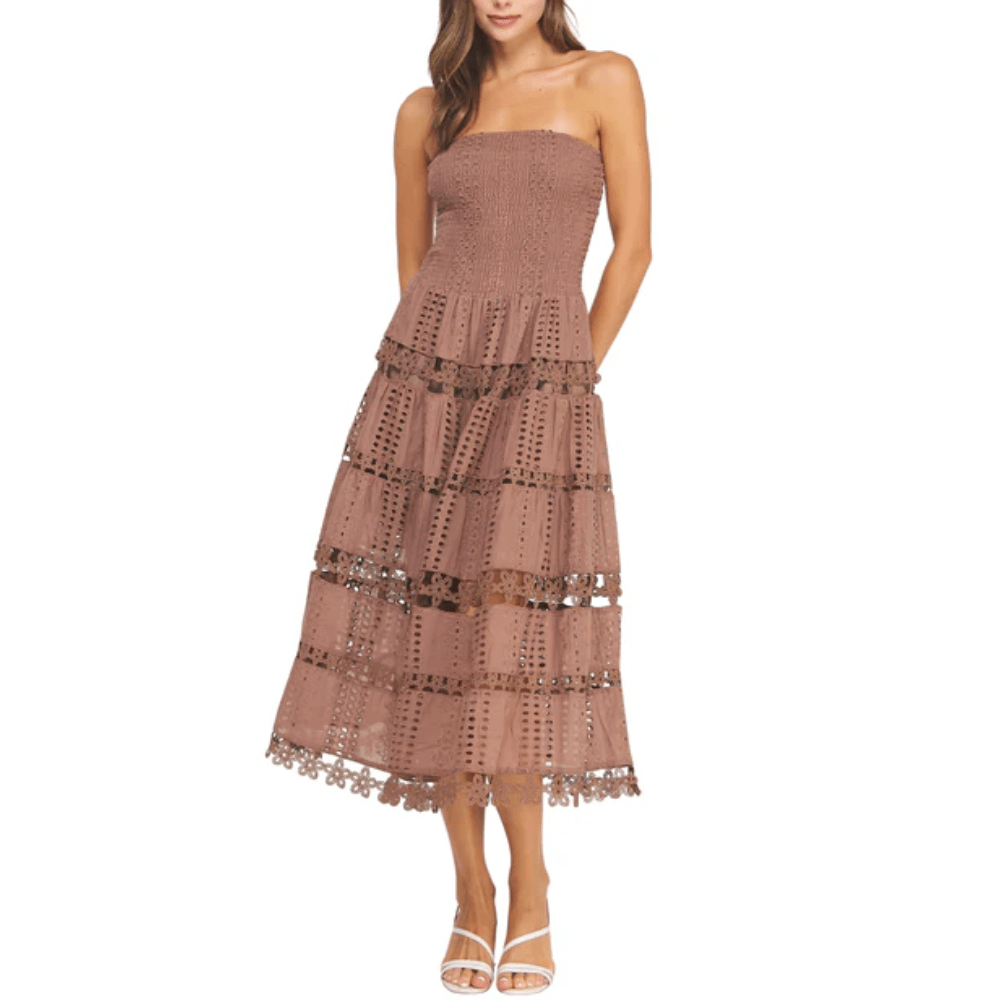 Strapless Midi Dress with Tiered Ruffle Design
