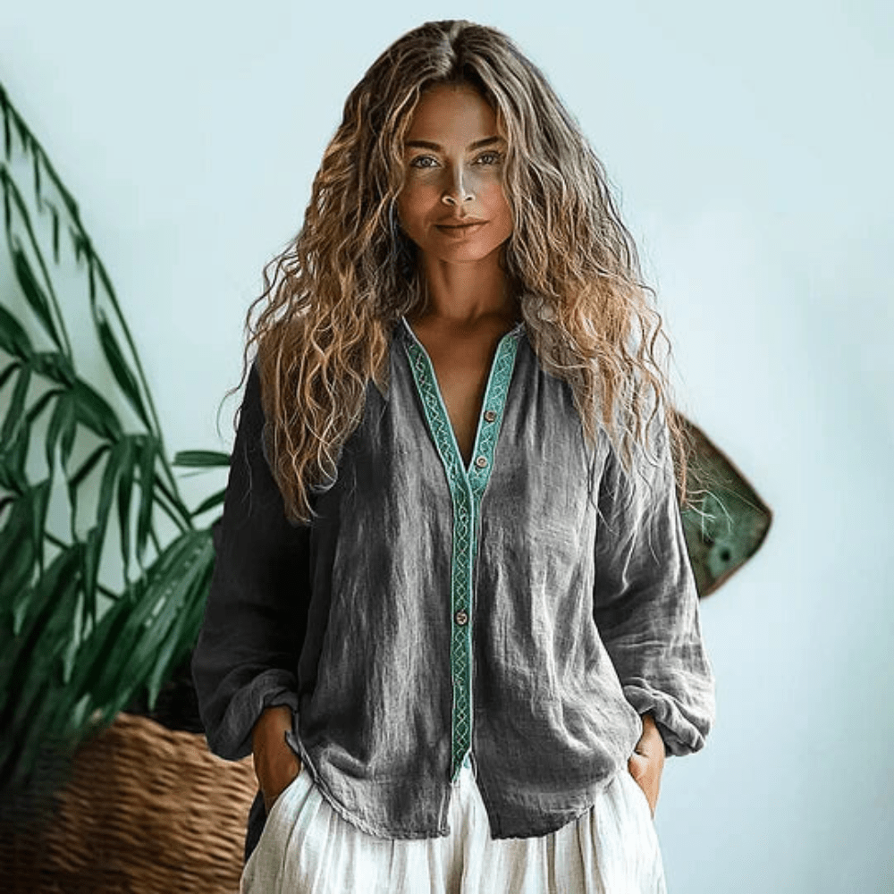 Women's Boho Long Sleeve V Neck Casual Top