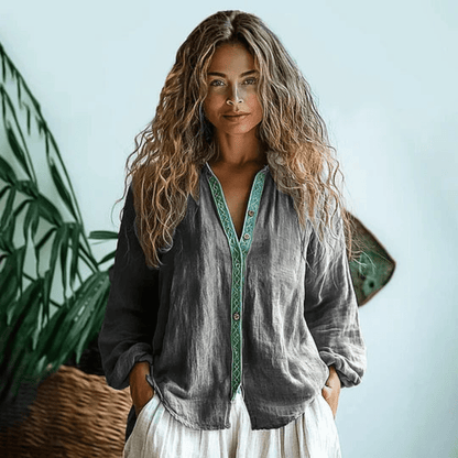 Damen Boho Leinenhemd Langarm V-Ausschnitt Freizeitshirt