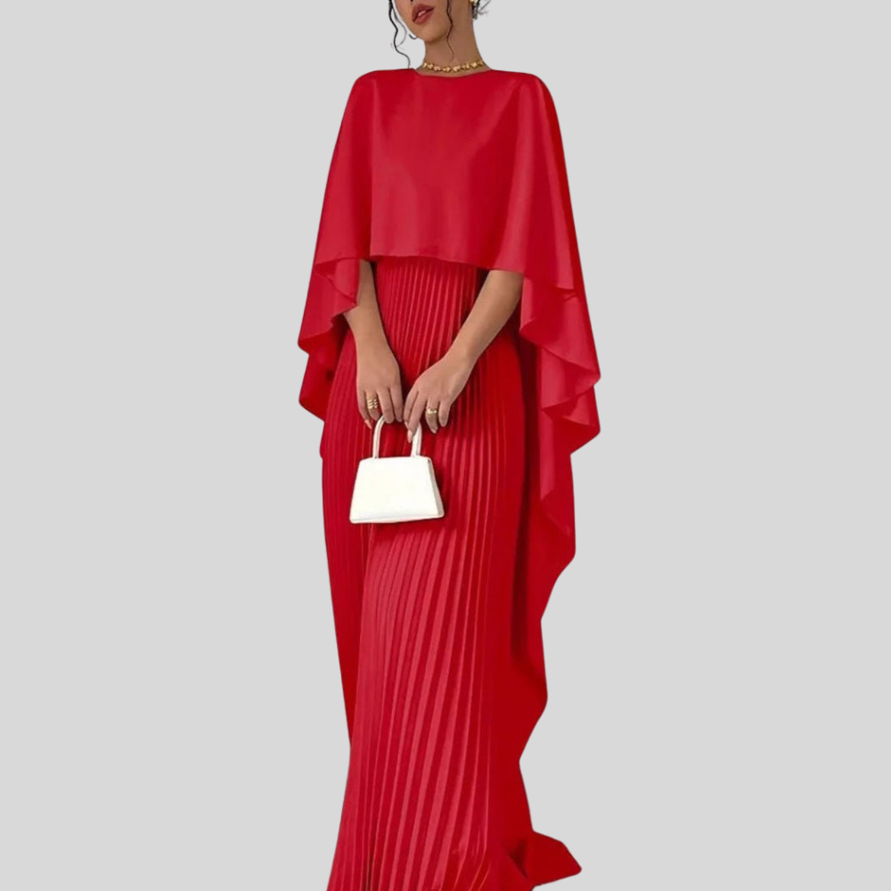 Women Pleated Cape Maxi Dress Elegant Formal Evening Gown