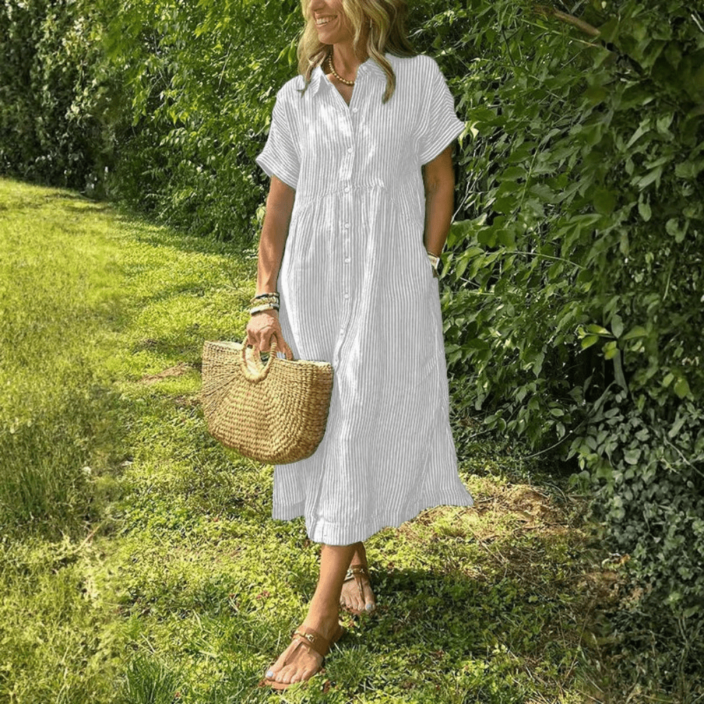 Women Striped Button Front Shirt Midi Dress