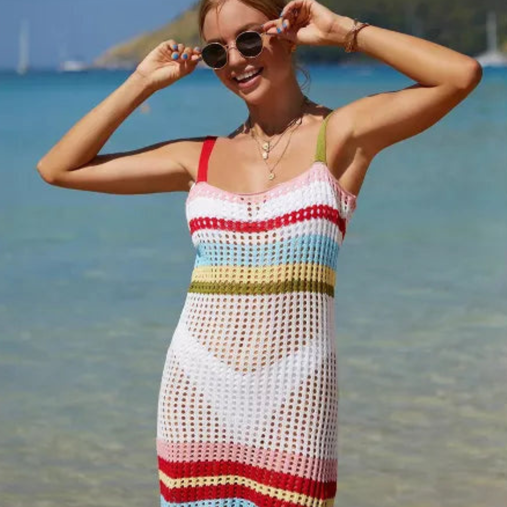 Damen ärmelloses Häkel-Strick Strandkleid Netz Sommerkleid