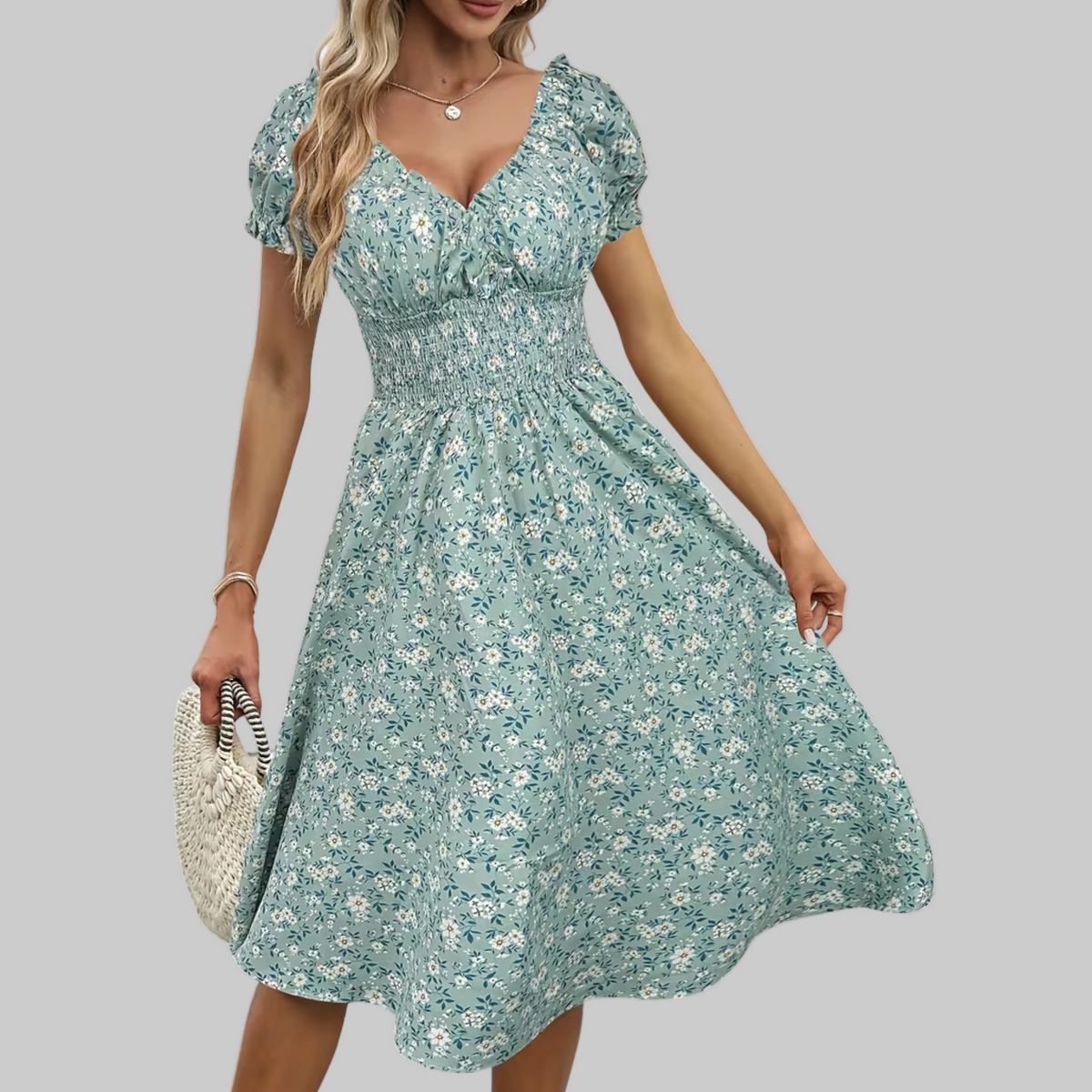 Florales Midikleid mit V-Ausschnitt und geraffter Taille