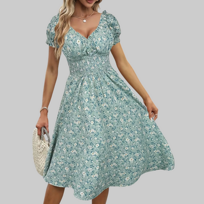 Floral V Neck Smocked Waist Midi Dress
