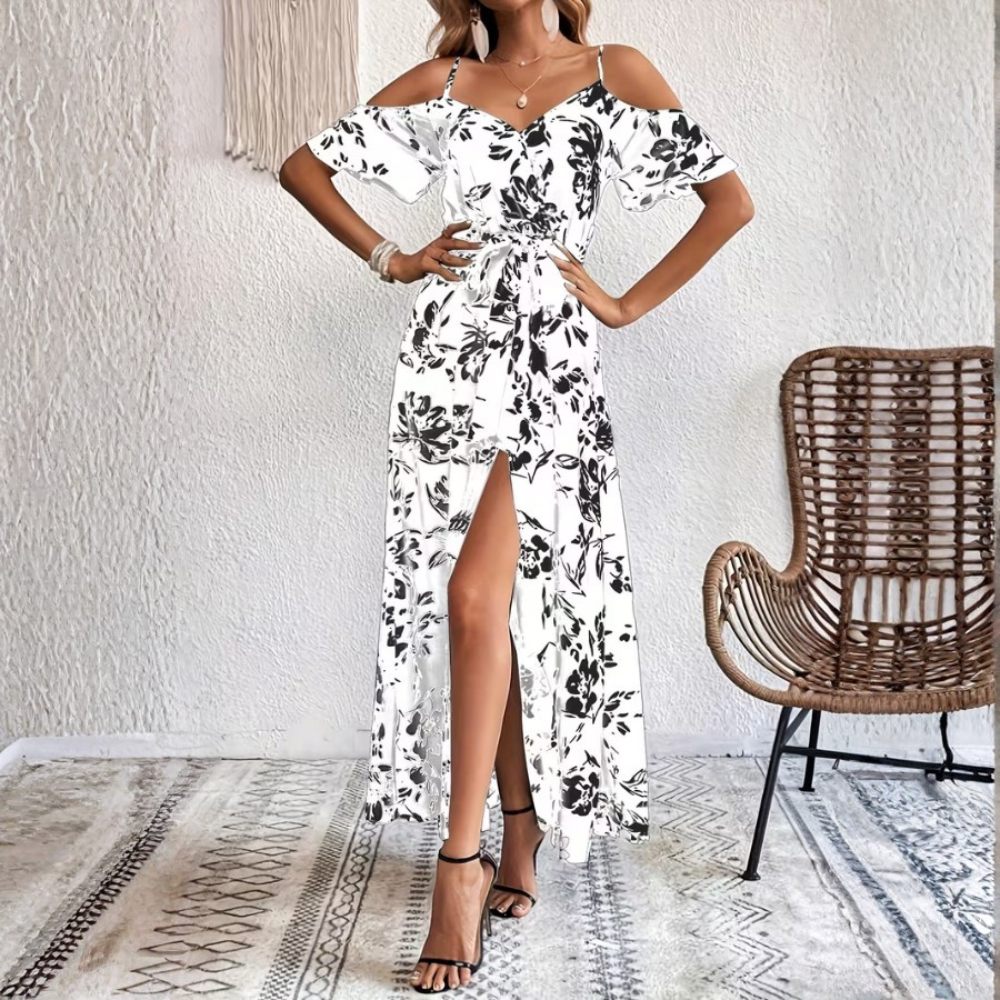 Women Floral A Line Dress Cold Shoulder Spaghetti Strap Summer Outfit
