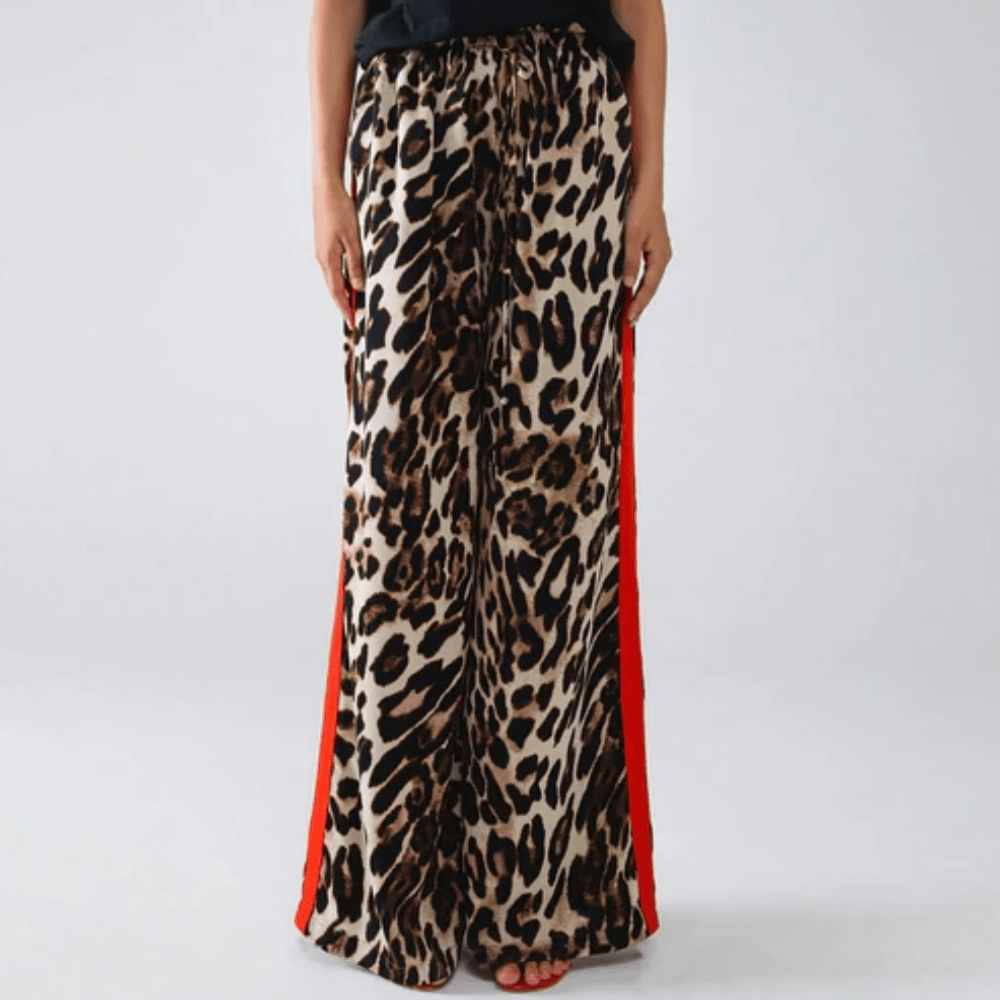 Leopard Print Side Stripe Wide Leg Pants