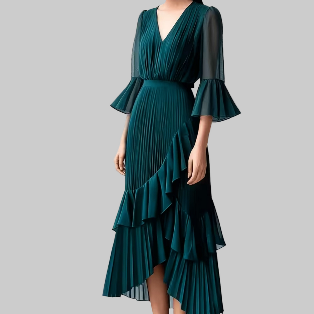 Midi-Kleid mit V-Ausschnitt und plissierten Rüschen