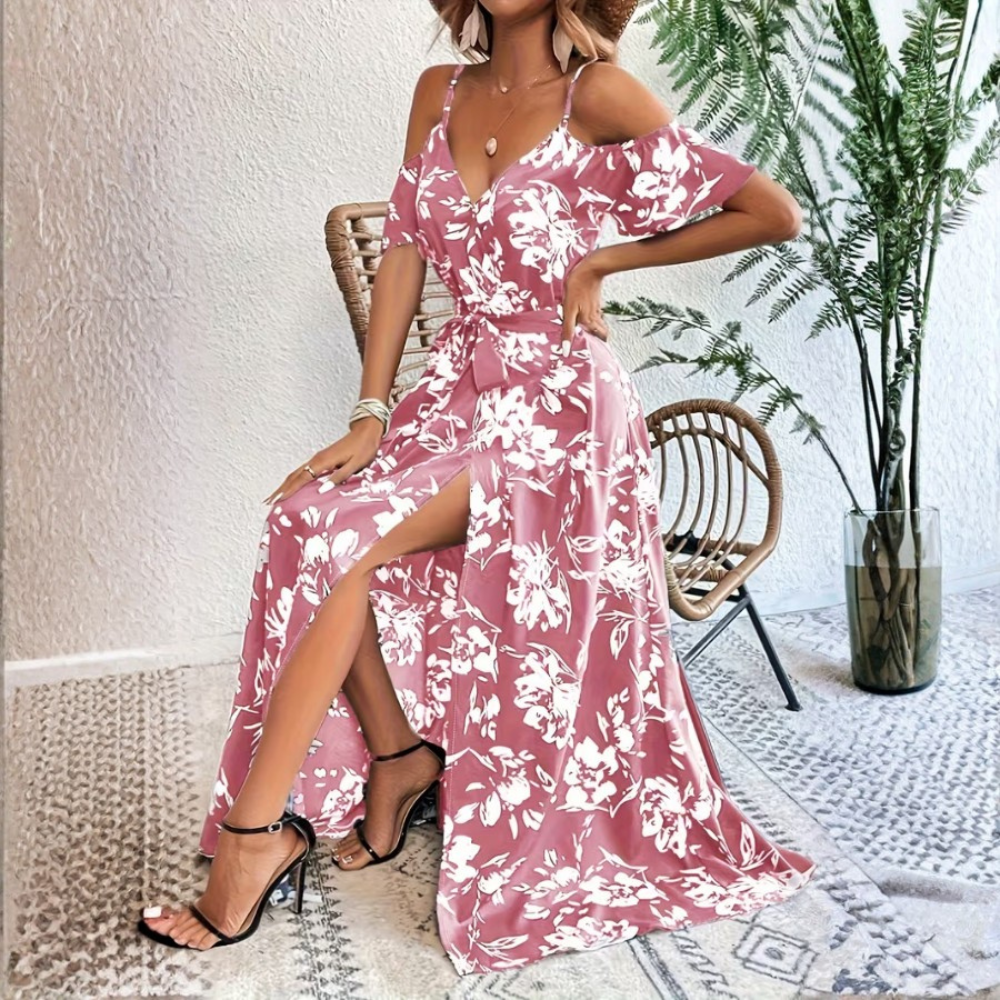 Women Floral A Line Dress Cold Shoulder Spaghetti Strap Summer Outfit