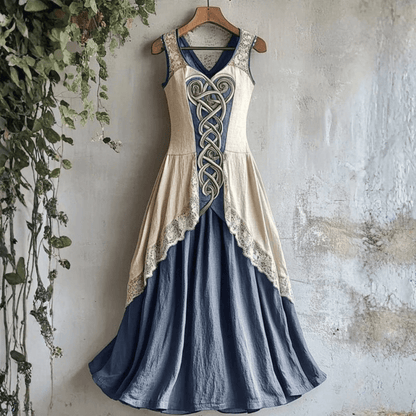 Abito lungo senza maniche in stile medievale vintage con dettagli in pizzo