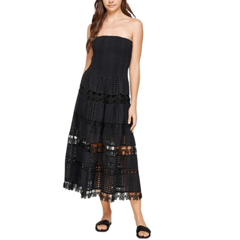 Strapless Midi Dress with Tiered Ruffle Design