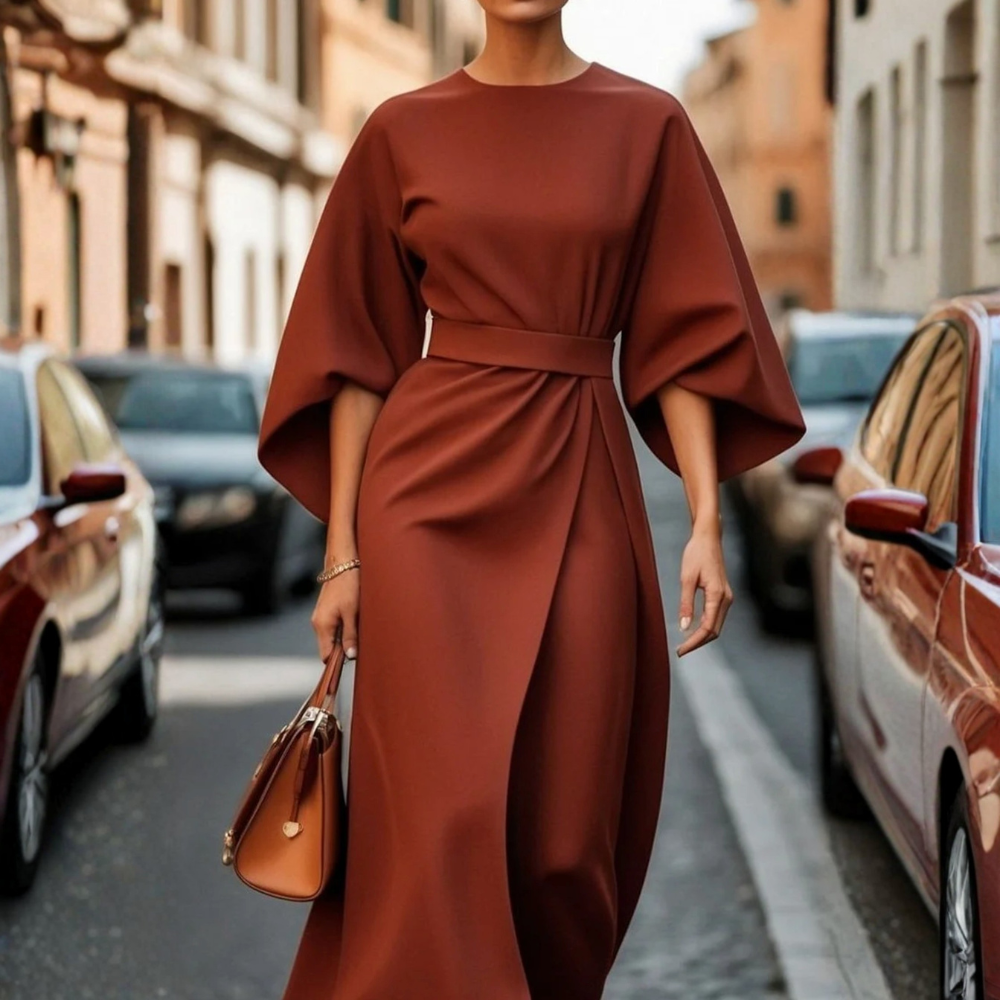 Women Belted Cocktail Dress Lantern Sleeve Elegant Evening Outfit