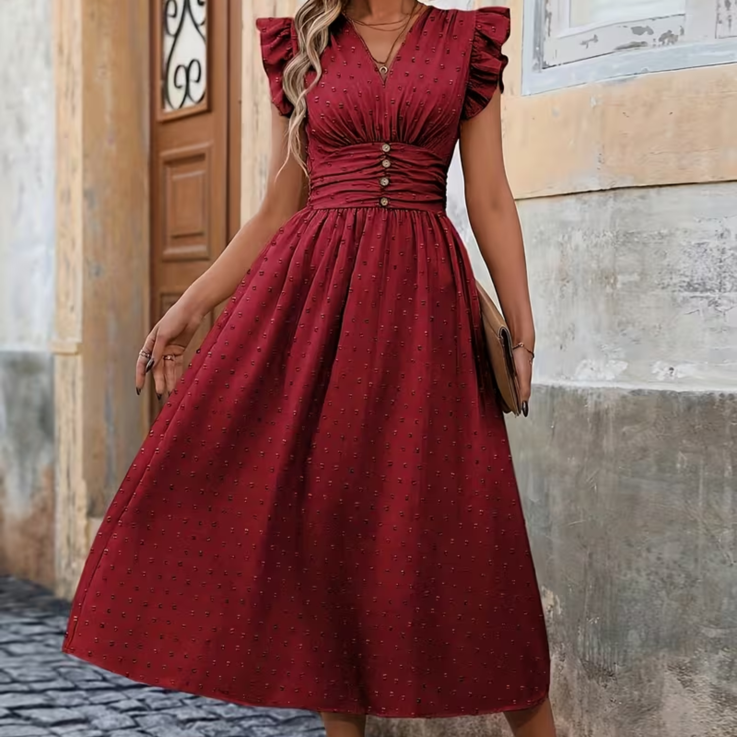 V Neck Ruffle Trim Midi Dress