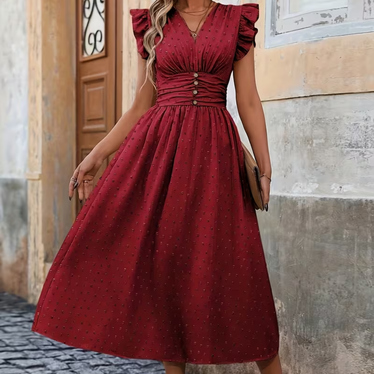 Midi-Kleid mit V-Ausschnitt und Rüschensaum