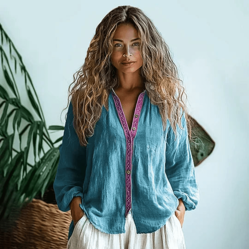 Women's Boho Long Sleeve V Neck Casual Top