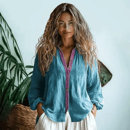 Damen Boho Leinenhemd Langarm V-Ausschnitt Freizeitshirt