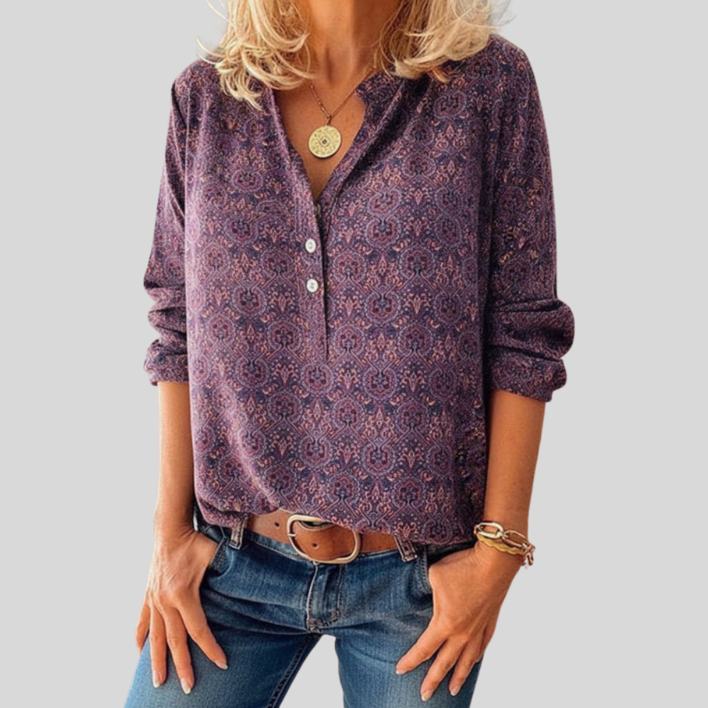 Women Artistic Long Sleeve Blouse Vintage Print Casual Work Top