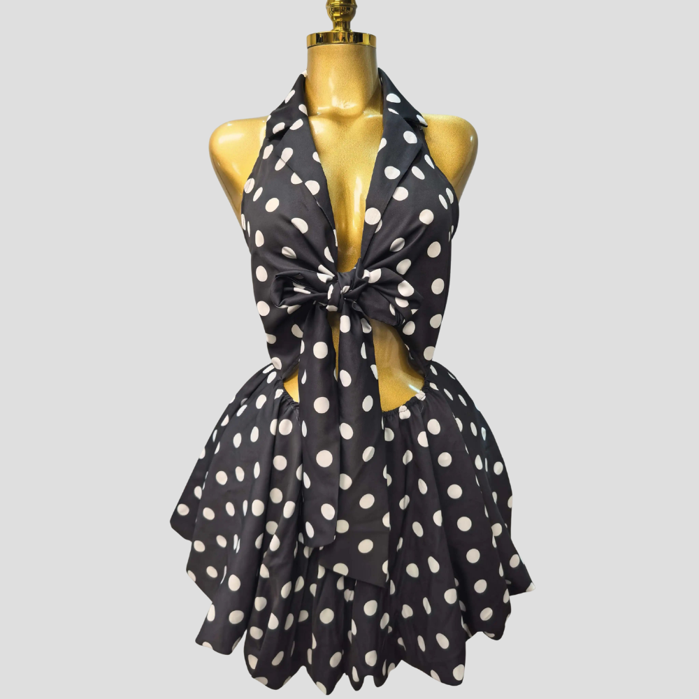 Women Polka Dot Halter Mini Dress Tie Front Vintage Party