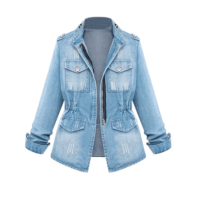 Waist Cinched Utility Style Denim Jacket