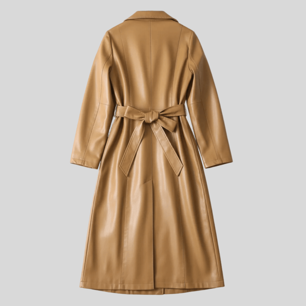 Gabardina de Cuero de Piel de Oveja para Mujer con Cinturón Chaqueta Larga Elegante