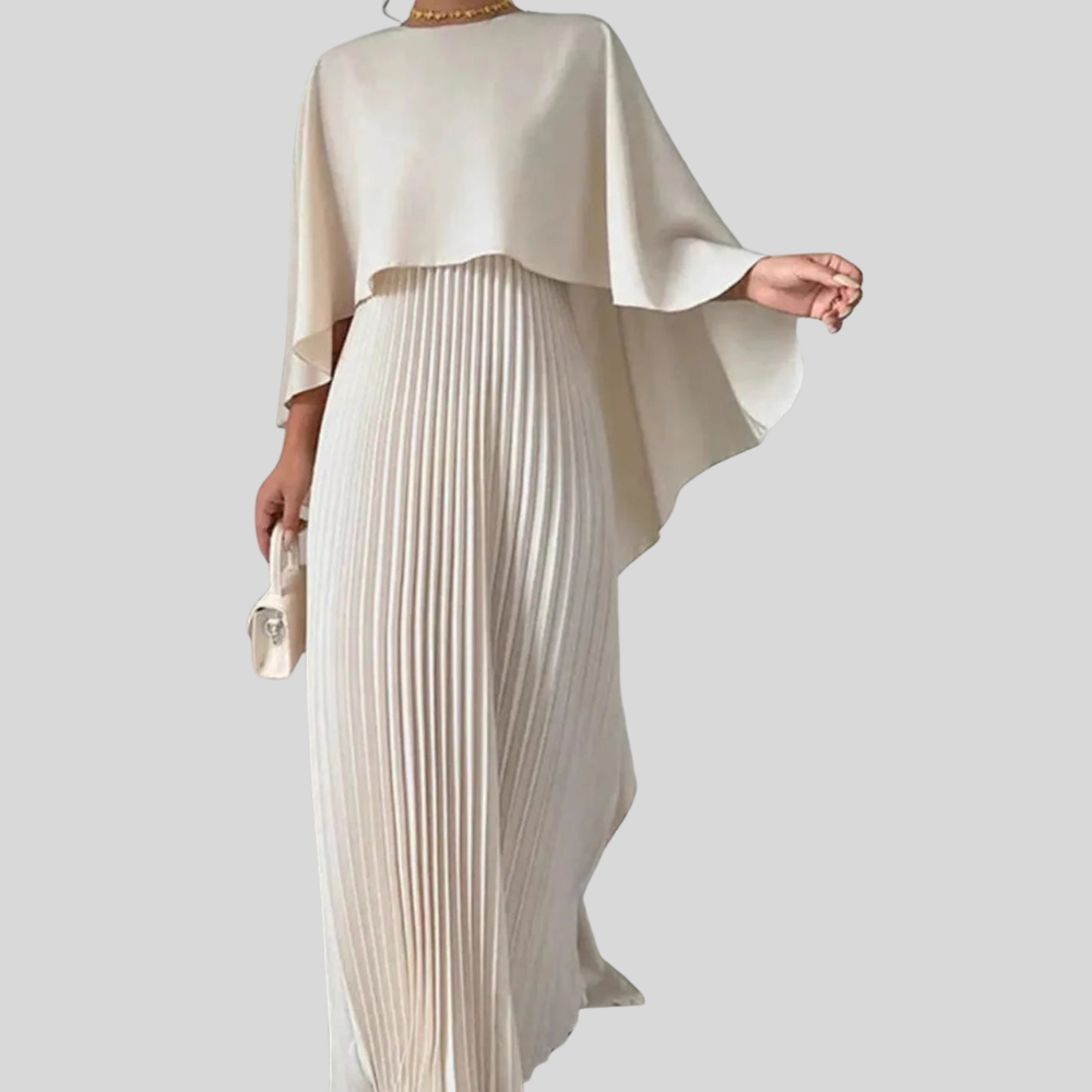 Women Pleated Cape Maxi Dress Elegant Formal Evening Gown
