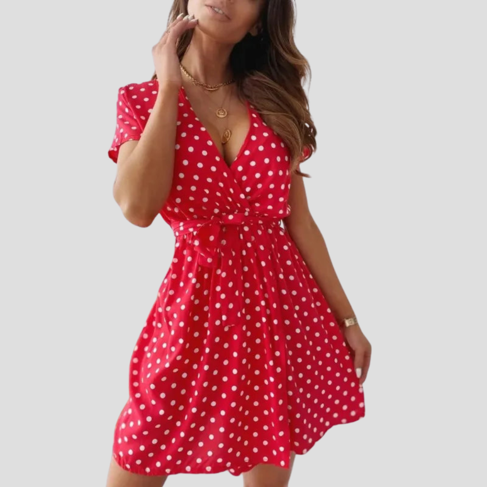 Women Polka Dot V Neck Dress Belted Casual Summer