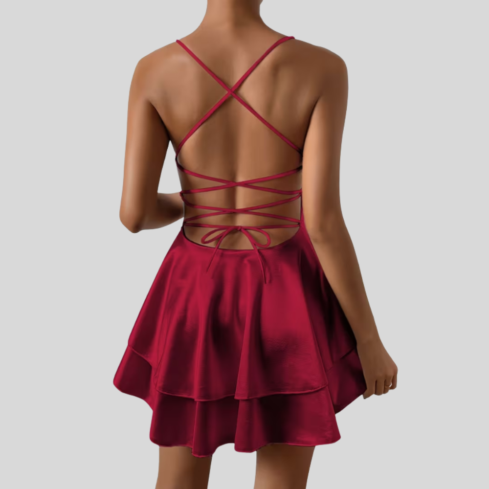 Women Cross V Neck Pleated Dress Open Back Elegant Evening Outfit