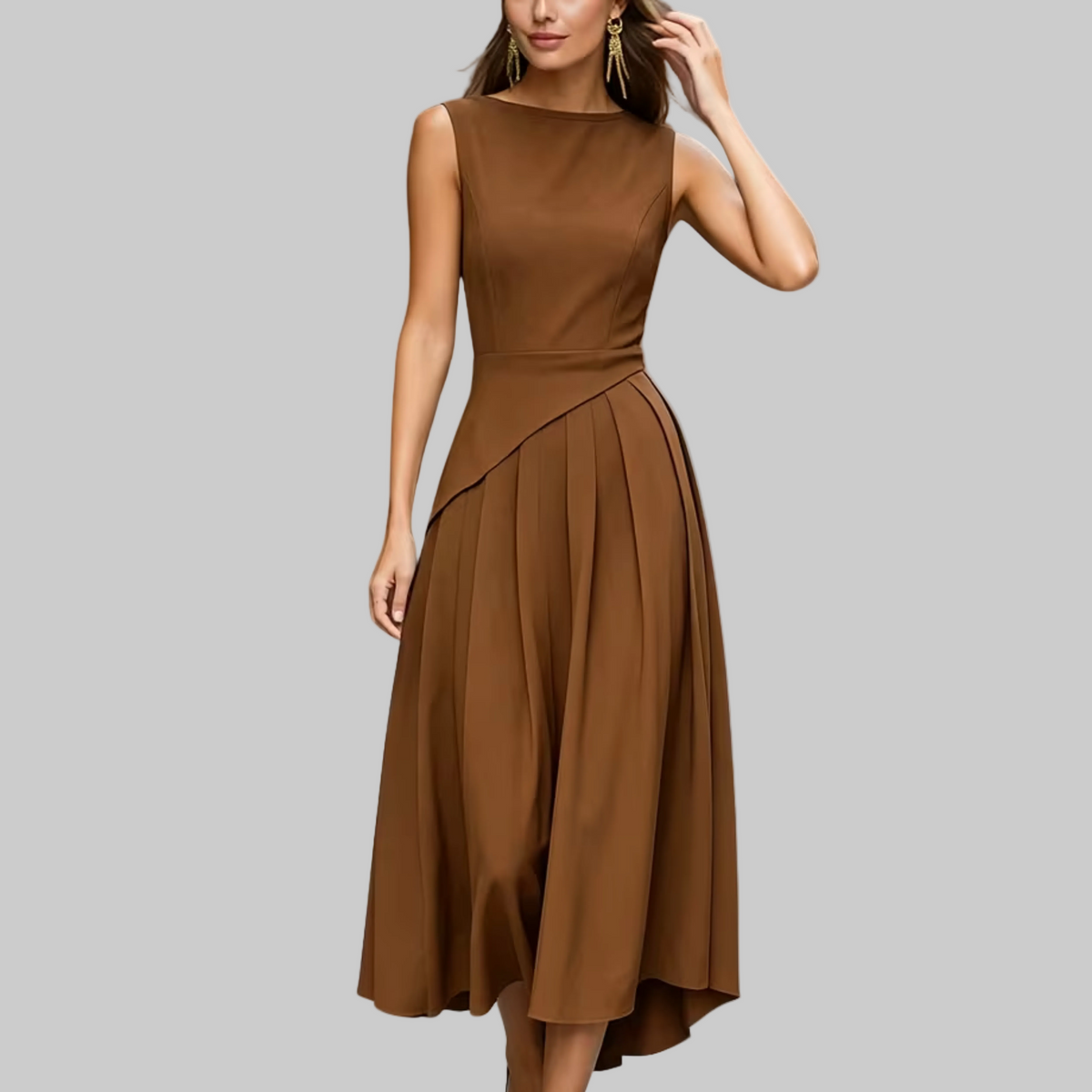 Ärmelloses, asymmetrisches, plissiertes Midi-Kleid