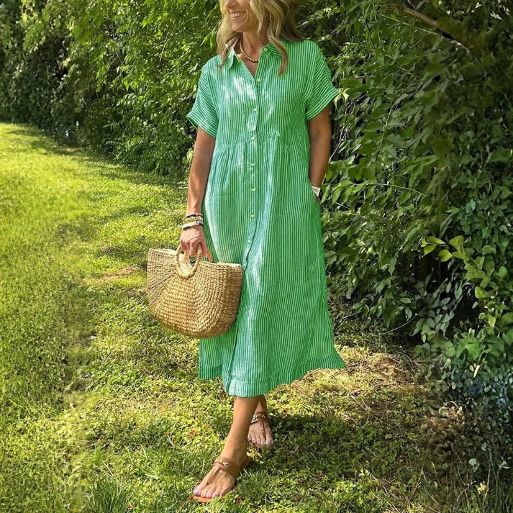 Women Striped Button Front Shirt Midi Dress