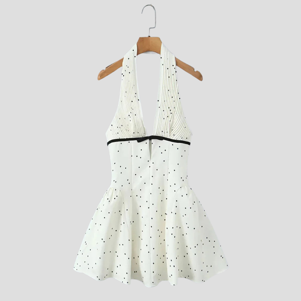 Women Polka Dot Halter Mini Dress Backless High Waist