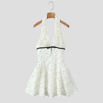 Women Polka Dot Halter Mini Dress Backless High Waist