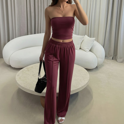 Trendy Strapless Vest and Trousers Set for Vacation Style