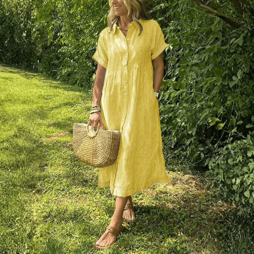 Women Striped Button Front Shirt Midi Dress