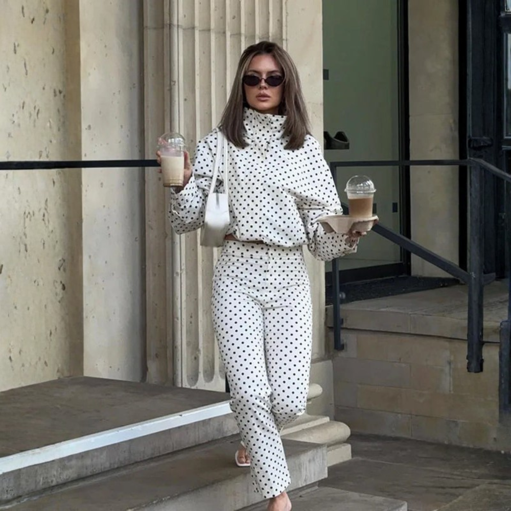 Women Polka Dot Turtleneck Jacket Long Sleeve Casual Coat